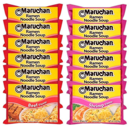 Maruchan Ramen Instant Noodle Soup Variety Mix 24 Packs, 4 Flavors - 6 Pack Beef, 6 Pack Lime Chili Shrimp, 6 Pack Chilli, 6 Pack Shrimp Lunch / Dinner Variety