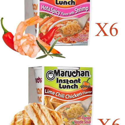 Maruchan Ramen Instant Cup Noodles 12 Count - 6 Hot & Spicy Shrimp Flavor & 6 Lime Chili Chicken Flavor Lunch / Dinner Variety, 2 Flavors