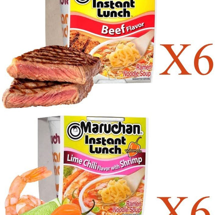 Maruchan Ramen Instant Cup Noodles 12 Count - 6 Beef Flavor & 6 Lime Chili Shrimp Flavor Lunch / Dinner Variety, 2 Flavors