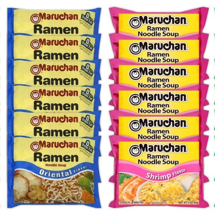 Maruchan Ramen Instant Noodle Soup Variety Mix 24 Packs, 4 Flavors - 6 Pack Oriental, 6 Pack Beef, 6 Pack Shrimp , 6 Pack Chili Lunch / Dinner Variety