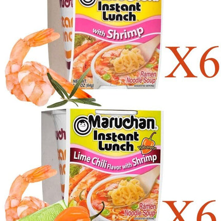 Maruchan Ramen Instant Cup Noodles 12 Count - 6 Shrimp Flavor & 6 Lime Chili Shrimp Flavor Lunch / Dinner Variety, 2 Flavors