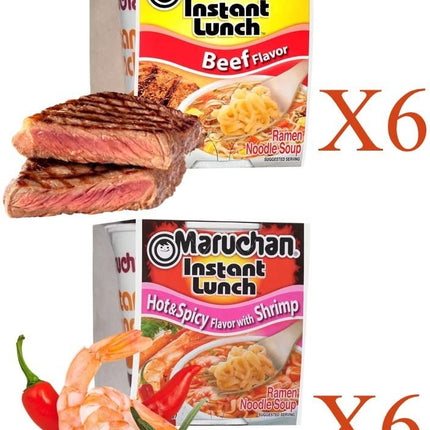 Maruchan Ramen Instant Cup Noodles 12 Count - 6 Beef Flavor & 6 Hot & Spicy Shrimp Flavor Lunch / Dinner Variety, 2 Flavors