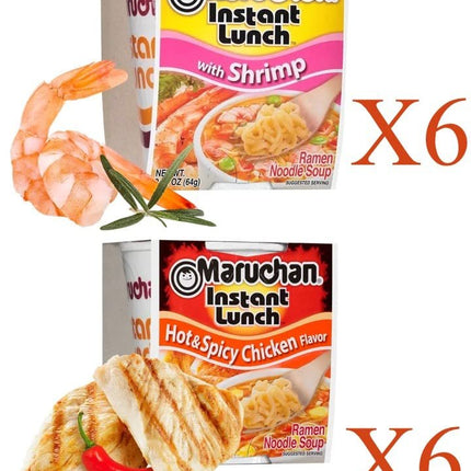 Maruchan Ramen Instant Cup Noodles 12 Count - 6 Shrimp Flavor & 6 Hot & Spicy Chicken Flavor Lunch / Dinner Variety, 2 Flavors