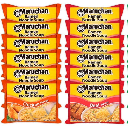 Maruchan Ramen Instant Noodle Soup Variety Mix 24 Packs, 4 Flavors - 6 Pack Beef, 6 Pack Lime Chili Shrimp, 6 Pack Chilli, 6 Pack Chicken Lunch / Dinner Variety