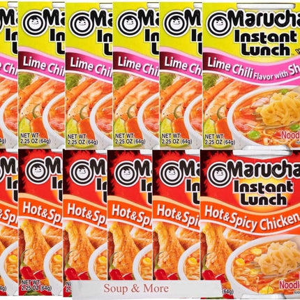 Maruchan Ramen Instant Cup Noodles 12 Count - 6 Hot & Spicy Chicken Flavor & 6 Lime Chili Shrimp Flavor Lunch / Dinner Variety, 2 Flavors