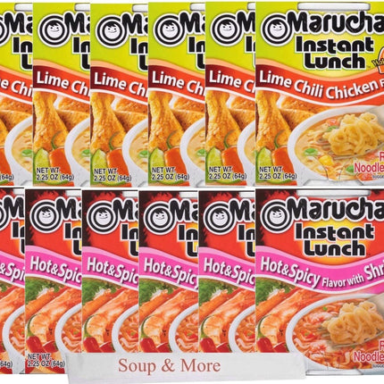 Maruchan Ramen Instant Cup Noodles 12 Count - 6 Hot & Spicy Shrimp Flavor & 6 Lime Chili Chicken Flavor Lunch / Dinner Variety, 2 Flavors