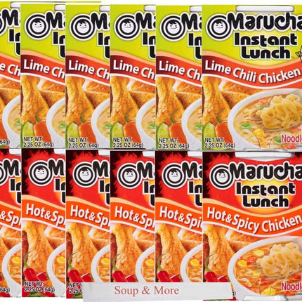 Maruchan Ramen Instant Cup Noodles 12 Count - 6 Lime Chili Chicken Flavor & 6 Hot & Spicy Chicken Flavor Lunch / Dinner Variety, 2 Flavors