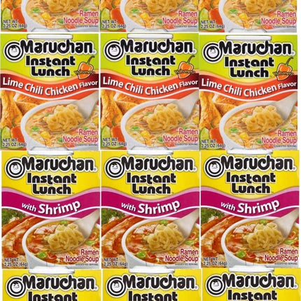 Maruchan Ramen Instant Cup Noodles 12 Count - 6 Shrimp Flavor & 6 Lime Chili Chicken Flavor Lunch / Dinner Variety, 2 Flavors
