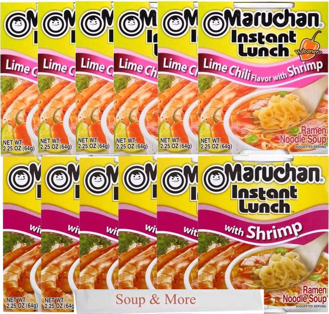 Maruchan Ramen Instant Cup Noodles 12 Count - 6 Shrimp Flavor & 6 Lime Chili Shrimp Flavor Lunch / Dinner Variety, 2 Flavors