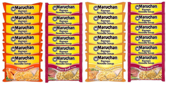 Maruchan Ramen Instant Noodle Soup Variety Mix 24 Packs, 4 Flavors - 6 Pack Beef, 6 Pack Roast Chicken , 6 Pack Roast Beef, 6 Pack Chicken Lunch / Dinner Variety