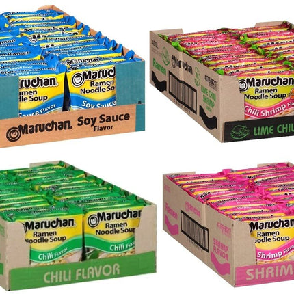 Maruchan Ramen Instant Soup Noodles Mix Variety 4 Flavor Packs 96 Count - 24 Chicken , 24 Lime Chili Shrimp , 24 Beef , 24 Shrimp Pack Lunch / Dinner Variety