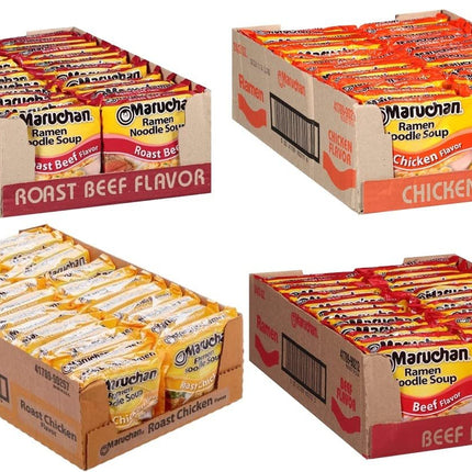 Maruchan Ramen Instant Soup Noodles Mix Variety 4 Flavor Packs 96 Count - 24 Chicken , 24 Lime Chili Shrimp , 24 Beef , 24 Shrimp Pack Lunch / Dinner Variety