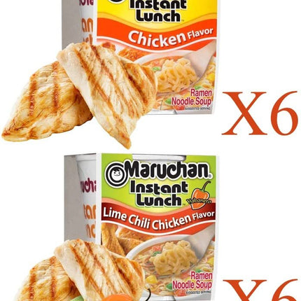 Maruchan Ramen Instant Cup Noodles 12 Count - 6 Chicken Flavor & 6 Lime Chili Chicken Flavor Lunch / Dinner Variety, 2 Flavors