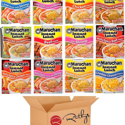 Ruthy's Outlet Ramen Noodle Cup Soup Instant Lunch Variety 12 Count - 9 Flavors -Chicken, Spicy Beef, Chedder cheese, Spicy Chicken, Lime chili Shrimp