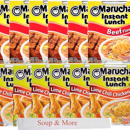 Maruchan Ramen Instant Cup Noodles 12 Count - 6 Beef Flavor & 6 Lime Chili Chicken Flavor Lunch / Dinner Variety, 2 Flavors