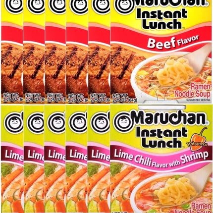 Maruchan Ramen Instant Cup Noodles 12 Count - 6 Beef Flavor & 6 Lime Chili Shrimp Flavor Lunch / Dinner Variety, 2 Flavors