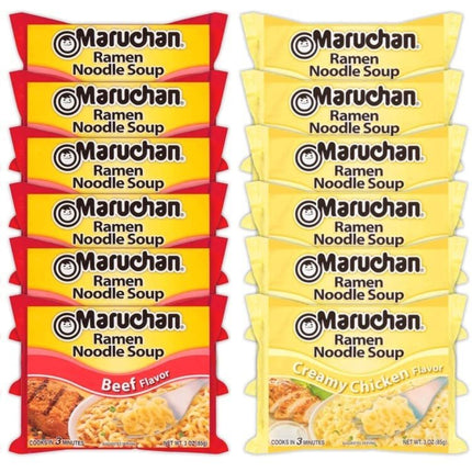 Maruchan Ramen Instant Noodle Soup Variety Mix 24 Packs, 4 Flavors - 6 Pack Chicken, 6 Pack Beef, 6 Pack Creamy Chicken , 6 Pack Roast Beef Lunch / Dinner Variety