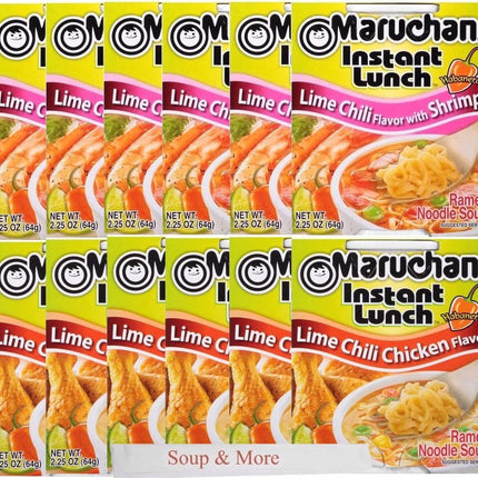 Maruchan Ramen Instant Cup Noodles 12 Count - 6 Lime Chili Chicken Flavor & 6 Lime Chili Shrimp Flavor Lunch / Dinner Variety, 2 Flavors
