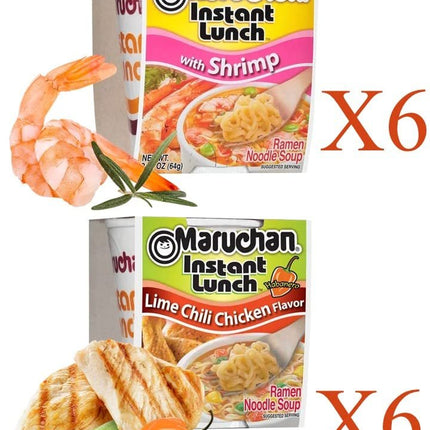 Maruchan Ramen Instant Cup Noodles 12 Count - 6 Shrimp Flavor & 6 Lime Chili Chicken Flavor Lunch / Dinner Variety, 2 Flavors