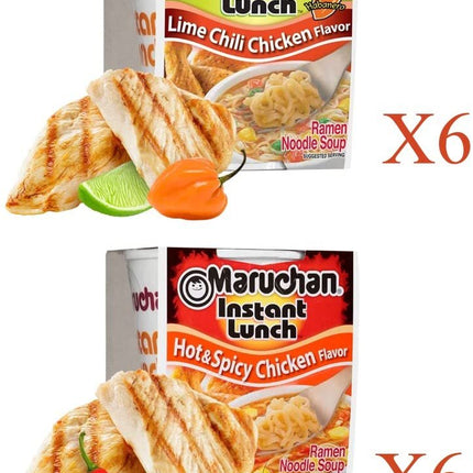 Maruchan Ramen Instant Cup Noodles 12 Count - 6 Lime Chili Chicken Flavor & 6 Hot & Spicy Chicken Flavor Lunch / Dinner Variety, 2 Flavors