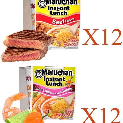 Maruchan Ramen Instant Cup Noodles 24 Count - 12 Beef & 12 Lime Chili Chicken