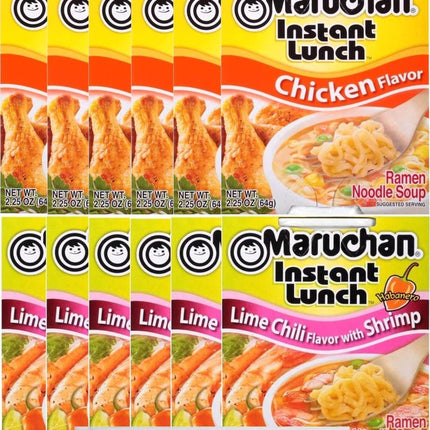 Maruchan Ramen Instant Cup Noodles 12 Count - 6 Chicken Flavor & 6 Lime Chili Shrimp Flavor Lunch / Dinner Variety, 2 Flavors