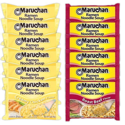 Maruchan Ramen Instant Noodle Soup Variety Mix 24 Packs, 4 Flavors - 6 Pack Roast Beef, 6 Pack Beef, 6 Pack Chicken , 6 Pack Lime Chili Shrimp Lunch / Dinner Variety
