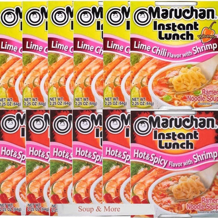 Maruchan Ramen Instant Cup Noodles 12 Count - 6 Hot & Spicy Shrimp Flavor & 6 Lime Chili Shrimp Flavor Lunch / Dinner Variety, 2 Flavors