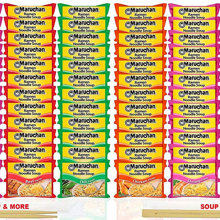 Maruchan Ramen Instant Soup 96 Count Noodles Packs- 24 Chicken, 24 Shrimp, 24 Beef & 24 Chili Flavors Lunch / Dinner Variety, 4 Flavors