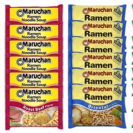 Maruchan Ramen Instant Noodle Soup Variety Mix 24 Packs, 4 Flavors - 6 Pack Beef, 6 Pack Roast Beef, 6 Pack Oriental , 6 Pack Chili Lunch / Dinner Variety