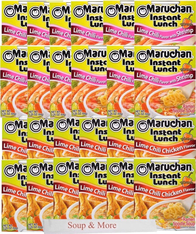 Maruchan Ramen Instant Cup Noodles 24 Count - 12 Lime Chili Chicken Flavor & 12 Lime Chili Shrimp Flavor Lunch / Dinner Variety, 2 Flavors