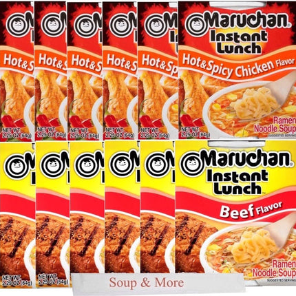 Maruchan Ramen Instant Cup Noodles 12 Count - 6 Beef Flavor & 6 Hot & Spicy Chicken Flavor Lunch / Dinner Variety, 2 Flavors
