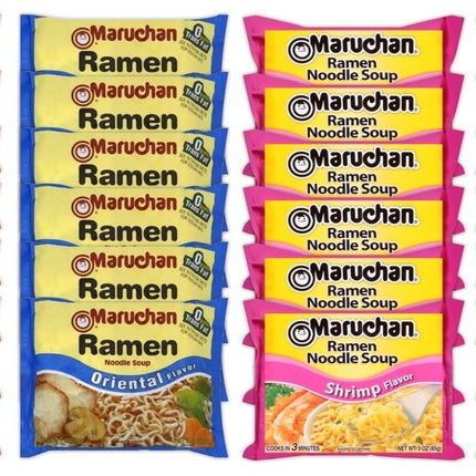 Maruchan Ramen Instant Noodle Soup Variety Mix 24 Packs, 4 Flavors - 6 Pack Oriental, 6 Pack Shrimp, 6 Pack Chicken, 6 Pack Chili Lunch/Dinner Variety