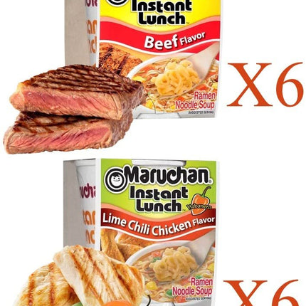 Maruchan Ramen Instant Cup Noodles 12 Count - 6 Beef Flavor & 6 Lime Chili Chicken Flavor Lunch / Dinner Variety, 2 Flavors