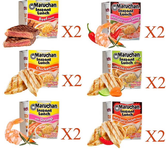 Maruchan Ramen Cup Noodles Instant 12 Count - 2 Beef, 2 Chicken, 2 Shrimp, 2 Hot & Spicy Shrimp, 2 Hot & Spicy chicken & 2 Lime Chili Chicken Lunch / Dinner Variety, 6 Flavors