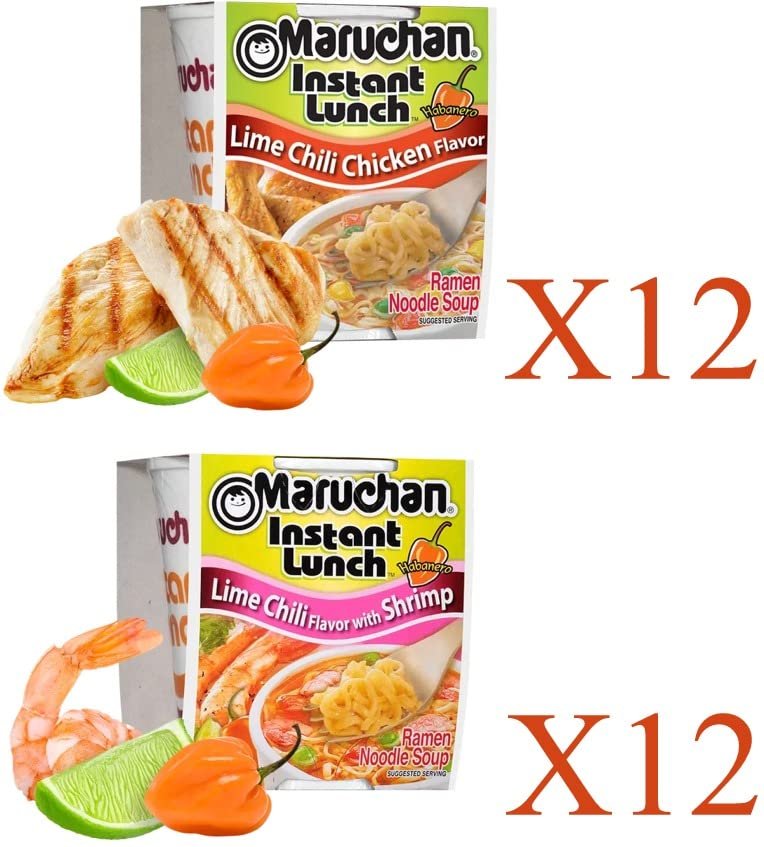 Maruchan Ramen Instant Cup Noodles 24 Count - 12 Lime Chili Chicken Flavor & 12 Lime Chili Shrimp Flavor Lunch / Dinner Variety, 2 Flavors