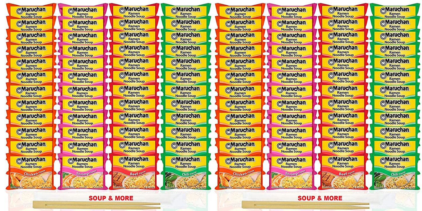 Maruchan Ramen Instant Soup 96 Count Noodles Packs- 24 Chicken, 24 Shrimp, 24 Beef & 24 Chili Flavors Lunch / Dinner Variety, 4 Flavors