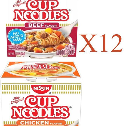 Nissin Cup Noodles Soup Instant Cup 24 Count 12 Instant Chicken Cup, 12 Instant Beef Cup, Soup Lunch / Dinner Variety, 2 Flavors