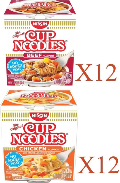 Nissin Cup Noodles Soup Instant Cup 24 Count 12 Instant Chicken Cup, 12 Instant Beef Cup, Soup Lunch / Dinner Variety, 2 Flavors