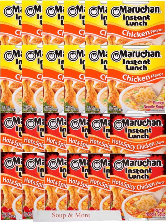Maruchan Ramen Instant Cup Noodles 24 Count - 12 Chicken Flavor & 12 Hot & Spicy Chicken Flavor Lunch / Dinner Variety, 2 Flavors