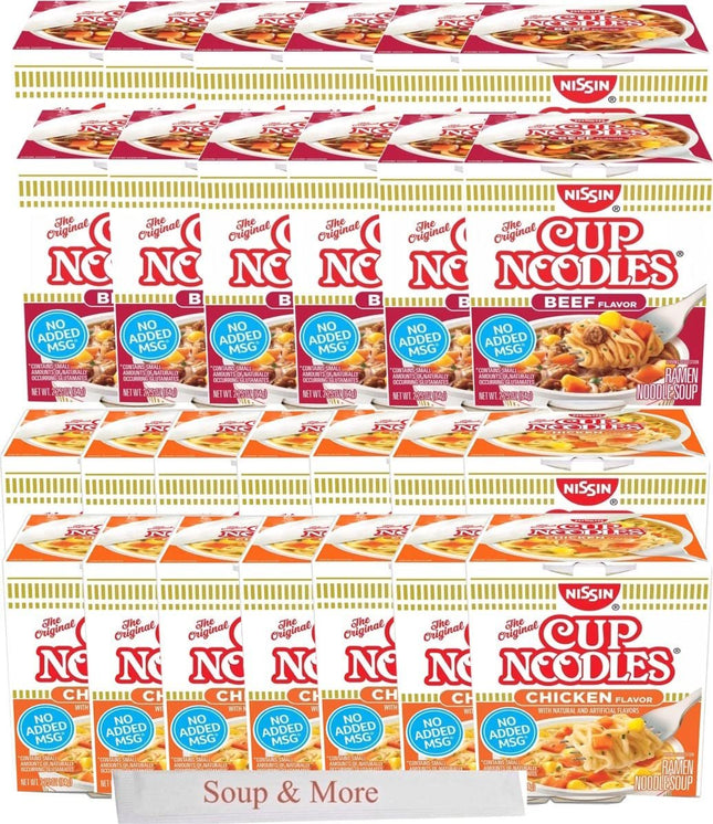Nissin Cup Noodles Soup Instant Cup 24 Count 12 Instant Chicken Cup, 12 Instant Beef Cup, Soup Lunch / Dinner Variety, 2 Flavors