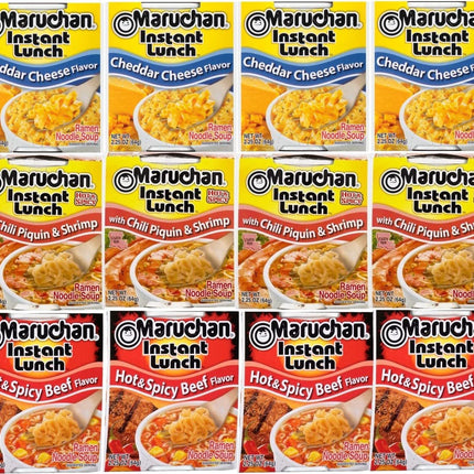 Maruchan Ramen cup Instant Soup Noodles Mix Variety 3 Flavor Packs 12 Count - 4 Cheddar Cheese, 4 Chili Piquin & Shrimp, 4 Hot & Spicy Beef, Pack Lunch/Dinner Variety
